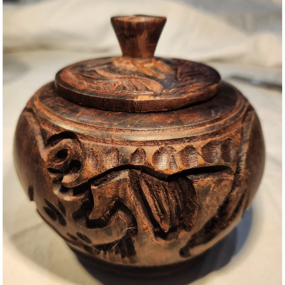 Vintage African Wooden Spice Jar Round Handmade Elephants Approx. 3